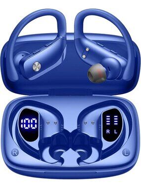 Blue Wireless Earbuds Bluetooth LED Display Ear-hooks Built-in Mic Headset